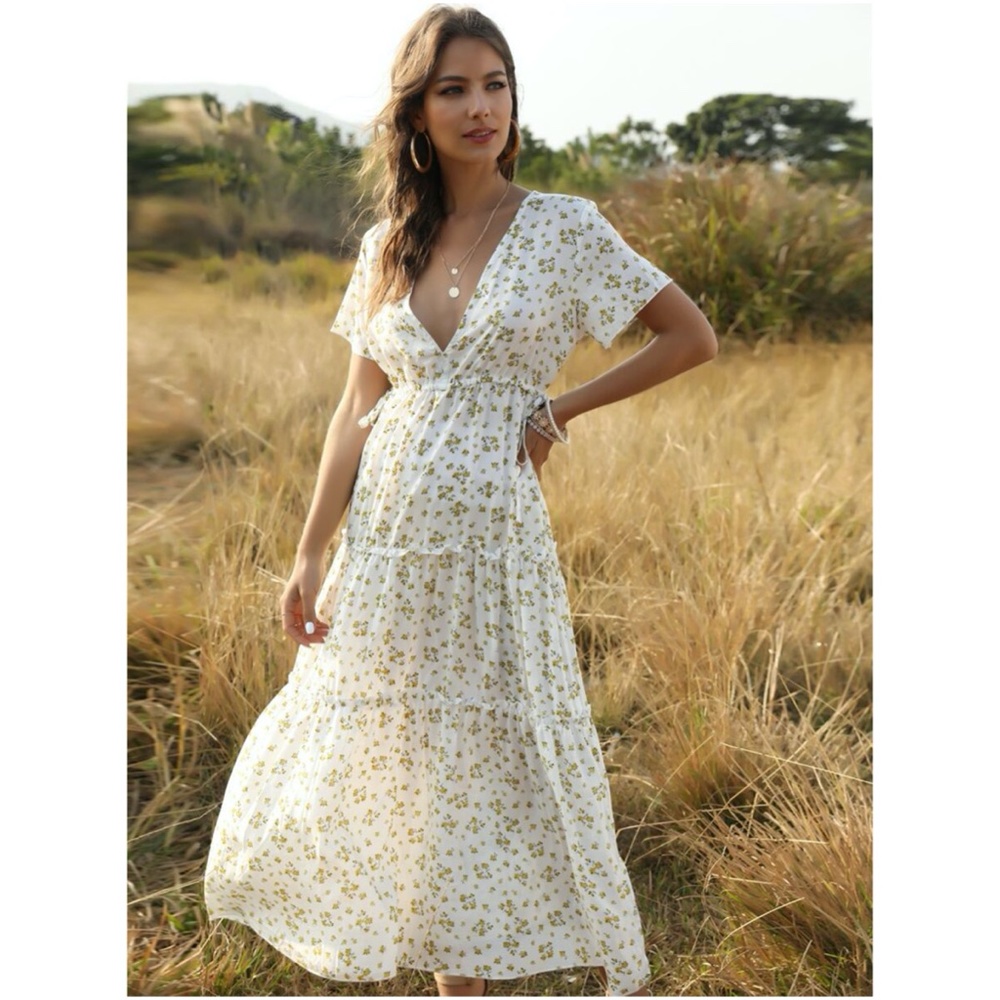 Boho White v neck floral print side slit midi dress Cottagecore